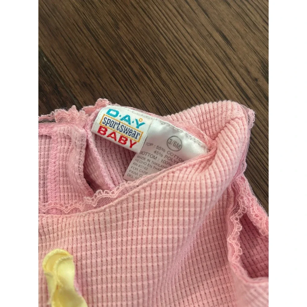 D.A.Y. Sportswear Baby Pink Striped Flower Bubble Romper 3-6m Vintage